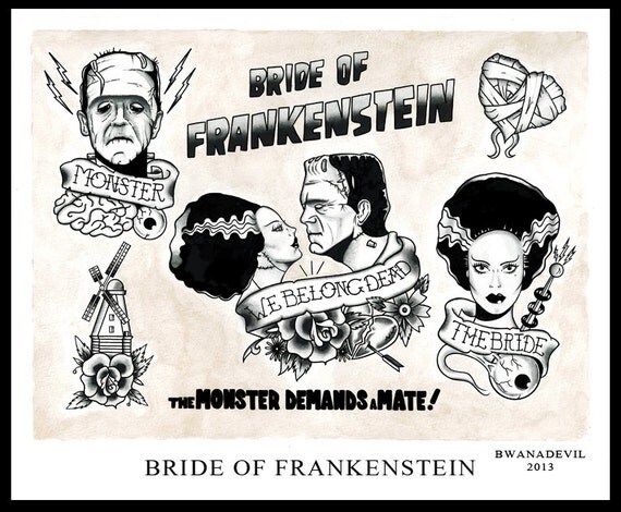 Items similar to Bride of Frankenstein tattoo flash print. on Etsy