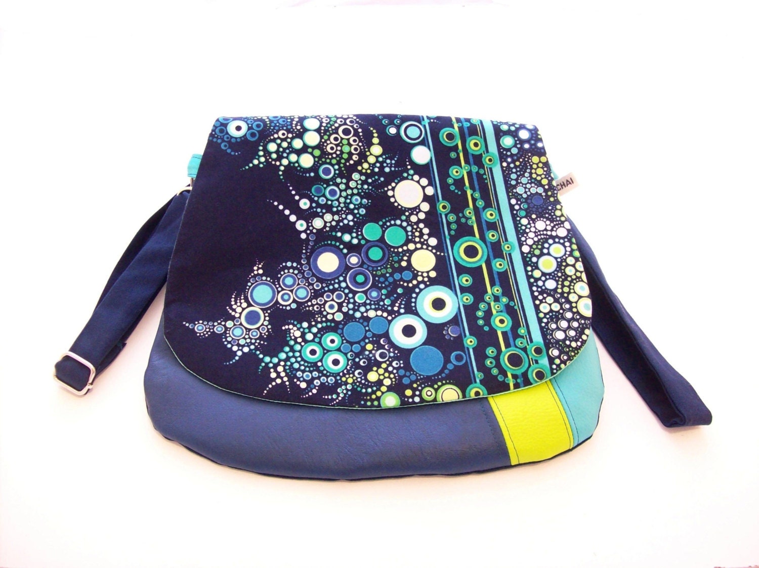 shoulder bag blue and turquoise graphic fabric flap dots