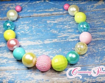 Pink, Aqua, Lime Green Necklace, Chunky Bubblegum Bead Necklace, Turquoise, Yellow Bubble Gum Bead Jewelry, Baby Necklace, Easter Necklace