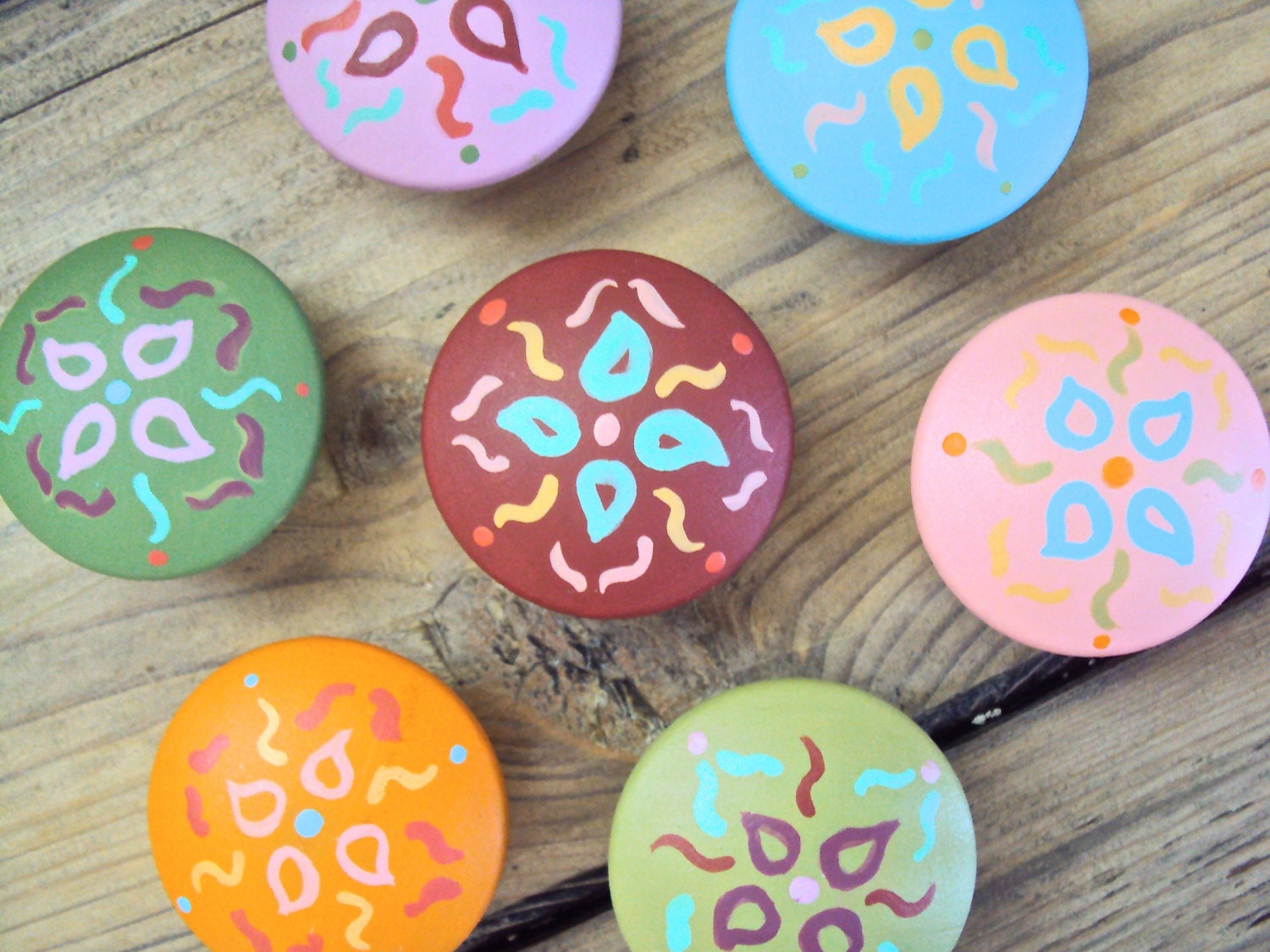 Set of Seven Floral Knobs Wooden Boho Dresser Drawer Knob