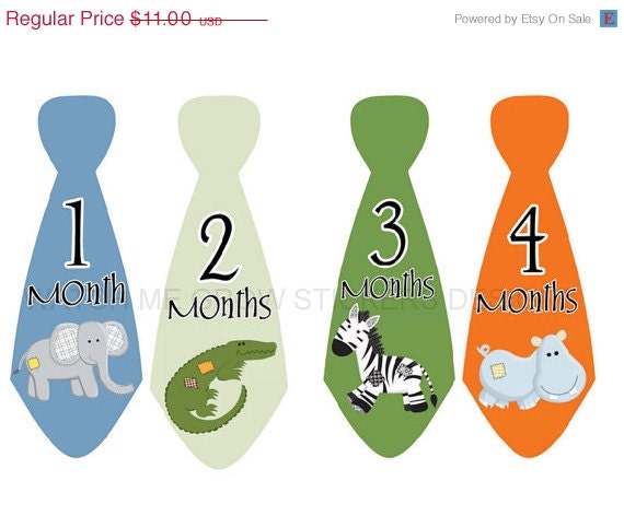 SALE Precut Ties Boy Month Ties Animals Safari Jungle Monthly Boy Tie Stickers Boy Monthly Tie Stickers Baby Milestone Tie Stickers