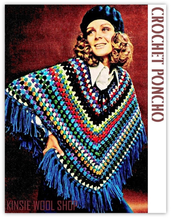 Vintage 70's Crochet PONCHO PDF Pattern ECO by