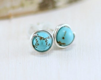 Turquoise Earrings, Sterling Silver Genuine Turquoise Stud Earrings Wire Wrapped Post Earrings December Birthstone Turquoise Jewelry