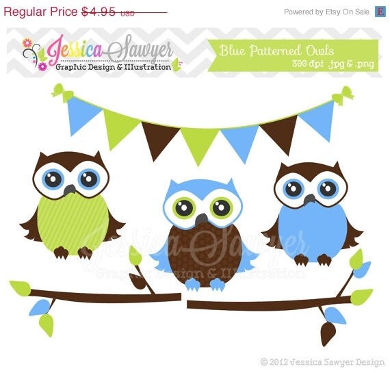 80% OFF - INSTANT DOWNLOAD - owl clip art, blue patterned owl clipart, bunting banner, branches for bottle caps, invitations, announcements Il_570xn