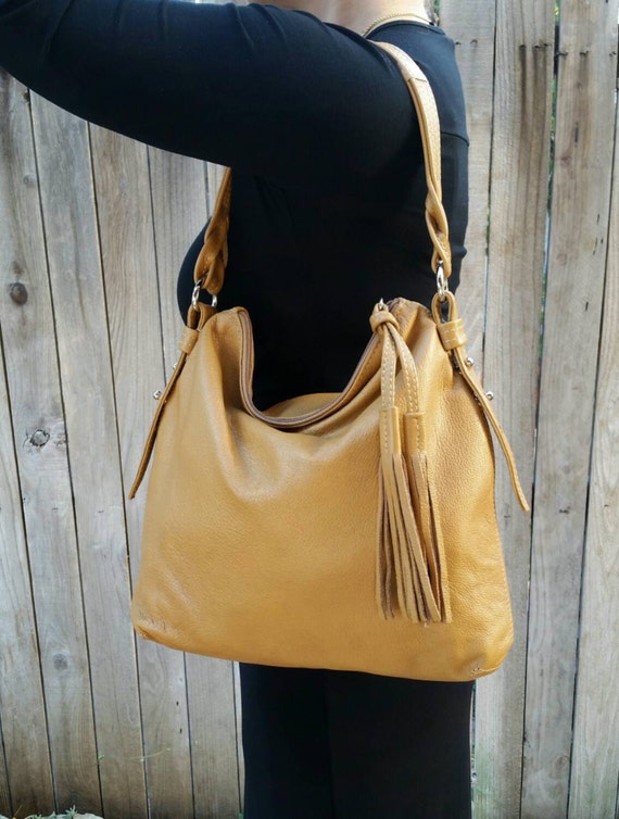 Hobo leather purse / fashion handbag with tassel/ mustard
