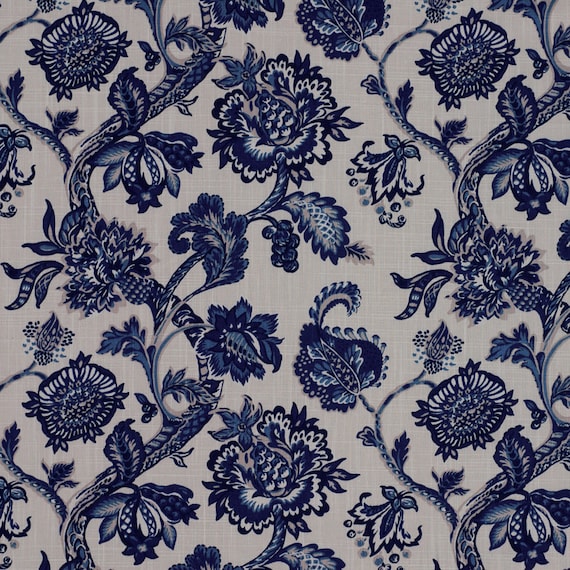 ON SALE Blue Cotton Floral Upholstery Fabric by PopDecorFabrics