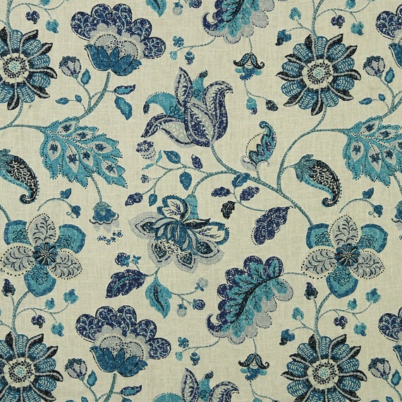 Navy Blue Grey Floral Linen Upholstery Fabric Modern Blue