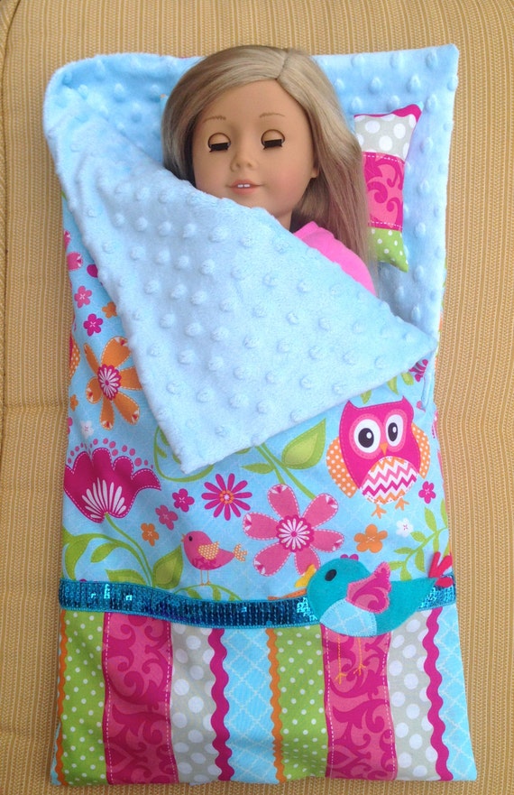 Items similar to American Girl Doll Sleeping bag and Pillow set, 18 inch Doll sleeping bag owl