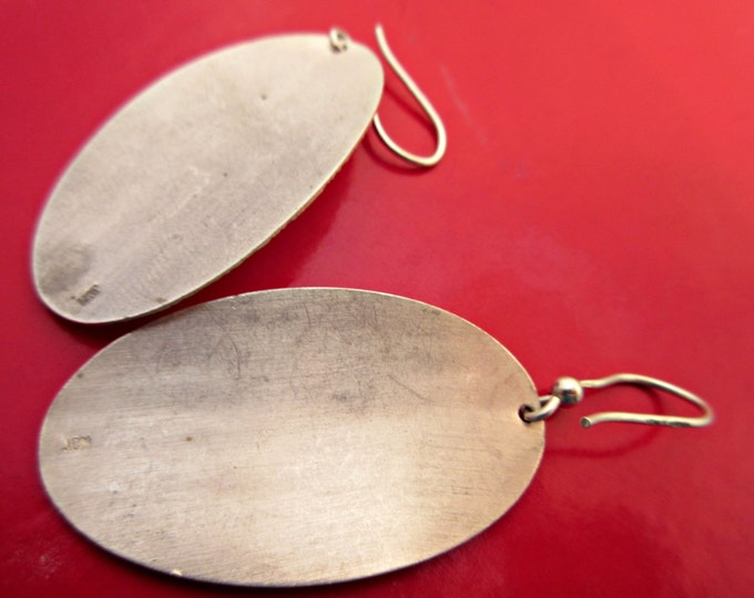 Sterling Dangle earrings - silver oval etched - signed JCM Italy drop earring