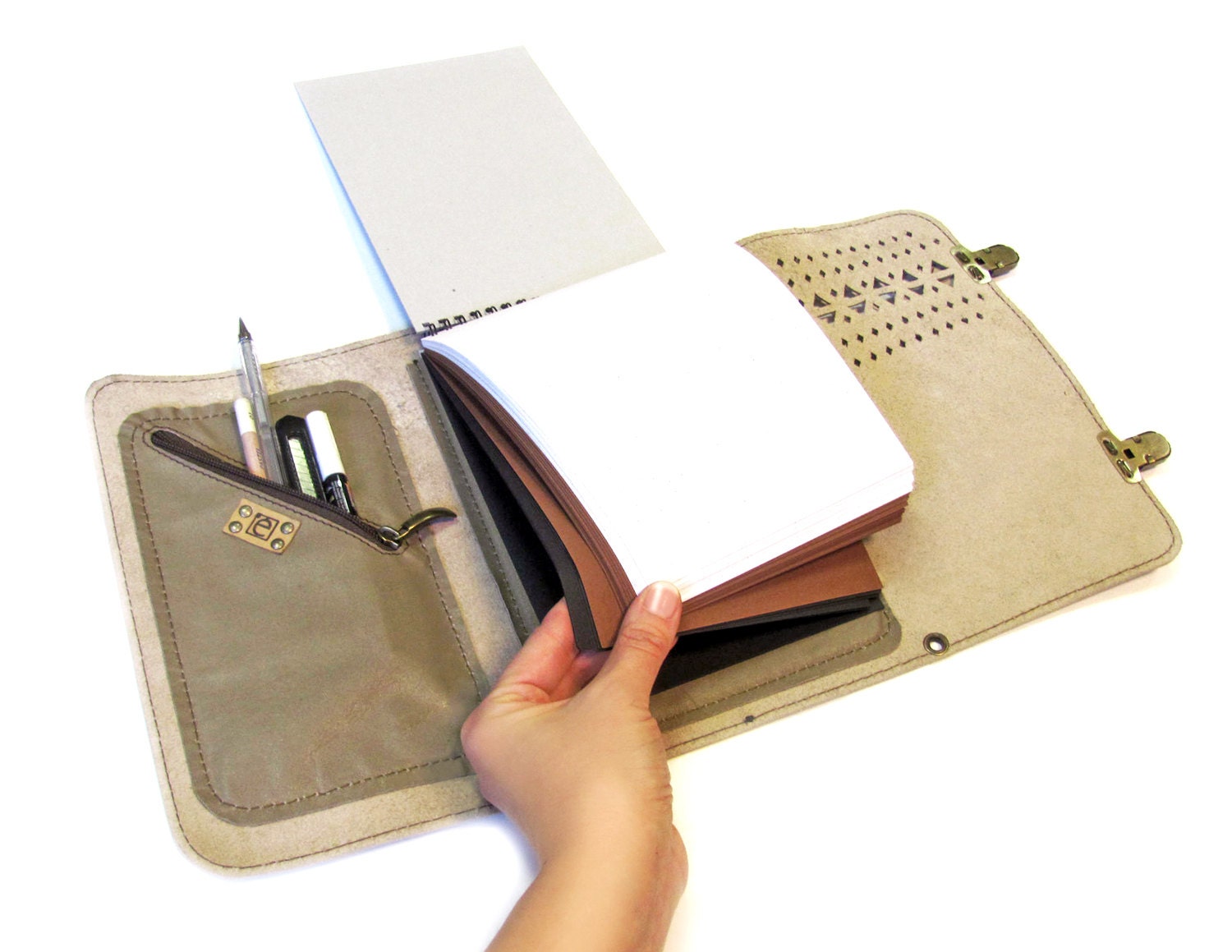 Leather sketchbook case with pen holder and cross body strap