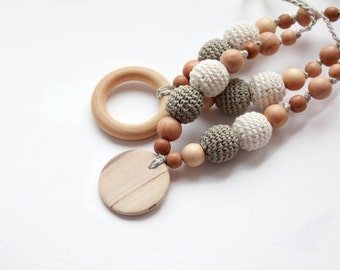 Neutral Linen Nursing Necklace with Pendant-Juniper Breastfeeding Necklace- Teething necklace with crochet beads-Mommy Necklace