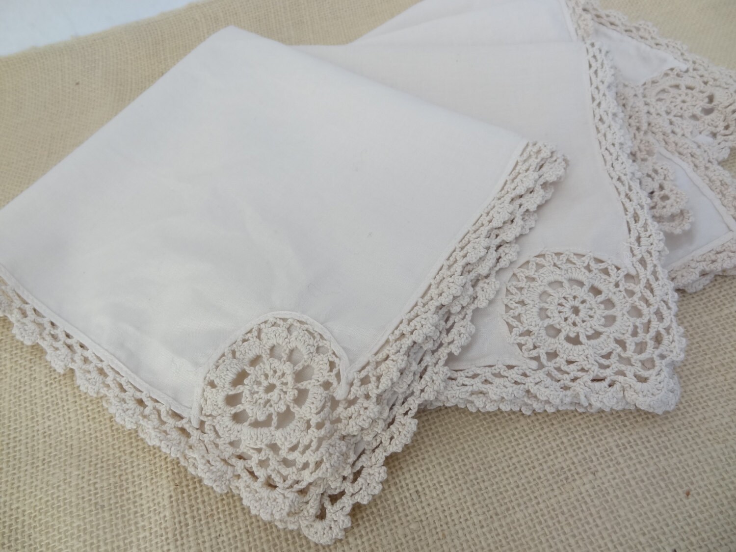 linen napkins shabby chic crochet edge vintage set of four linen napkins shabby chic crochet edge vintage set of four