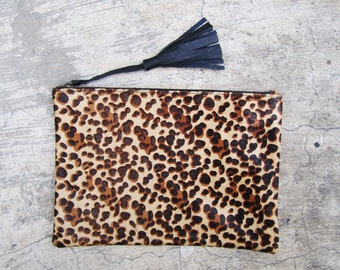 Leopard Print Calf Hair Zipper Pouch Leather Clutch