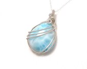 Silver larimar pendant, larimar wire wrapped silver pendant, blue teardrop larimar pendant, gemstone pendant, dolphin stone pendant