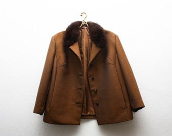 Vintage Wool Brown Winter Coat Fur Collar