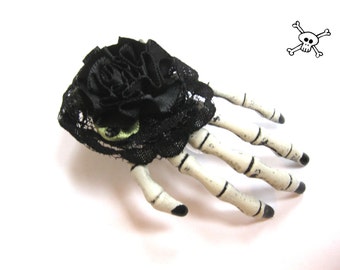 Hair clip skeleton hand black rose headpiece