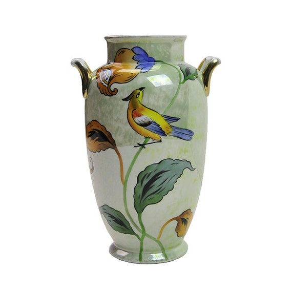 Antique Asian Vase Noritake Porcelain Lustreware Vase Yellow Bird and Orange Flowers Japanese Lusterware Baluster Shape Art Nouveau Decor
