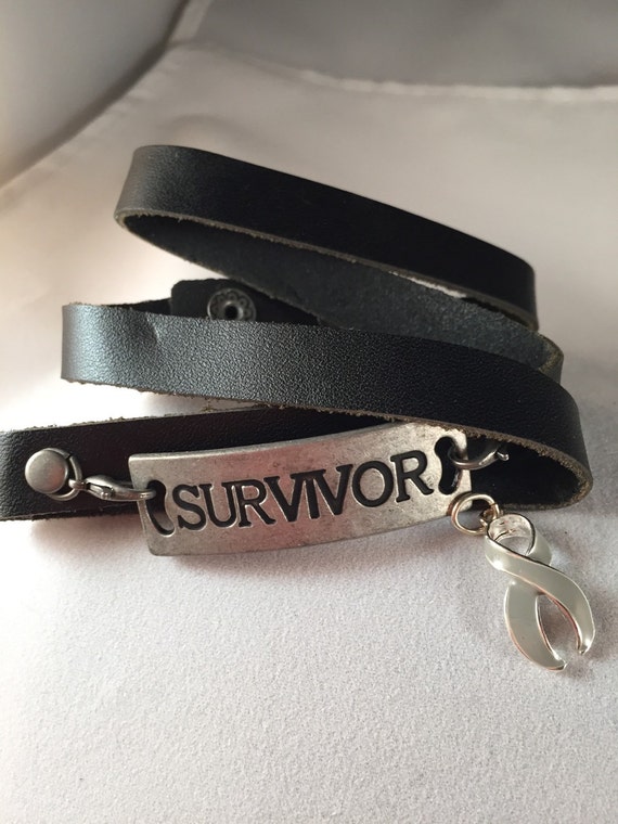 Black Leather Wrap Cuff Bracelet Grey by RockYourCauseJewelry