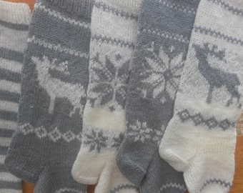 Knit Christmas Stocking Hand Knitted Personalized with Reindeer, Poisentia,Strips Christmas Gift Christmas Decoration