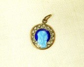 Vintage French Metal Alloy Blue Enamel Religious Medal of the Virgin Mary  / Christian Jewelry / Religious Jewellery / Our Lady / Lourdes