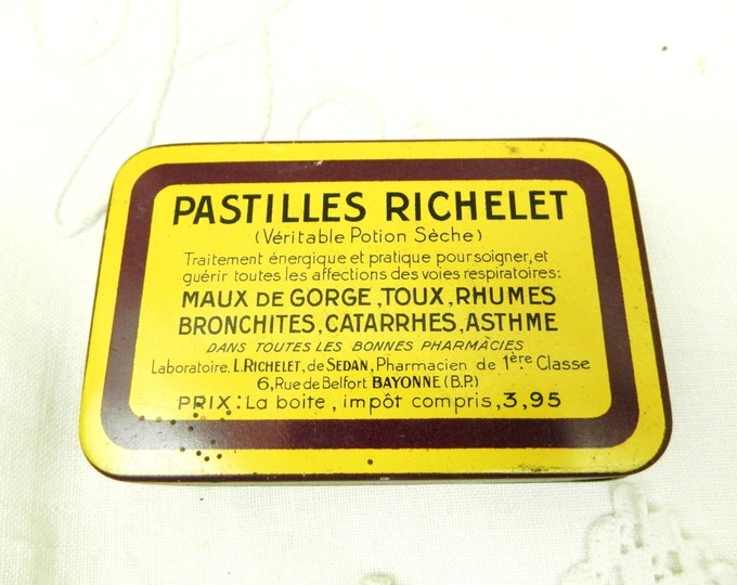 REDUCED TO CLEAR Vintage French Yellow Metal Medicine Candy Tin / French Decor / Vintage French / Cottage Chic / Retro / Apothecary Decor REDUCED TO CLEAR Vintage French Yellow Metal Medicine Candy Tin / French Decor / Vintage French / Cottage Chic / Retro / Apothecary Decor