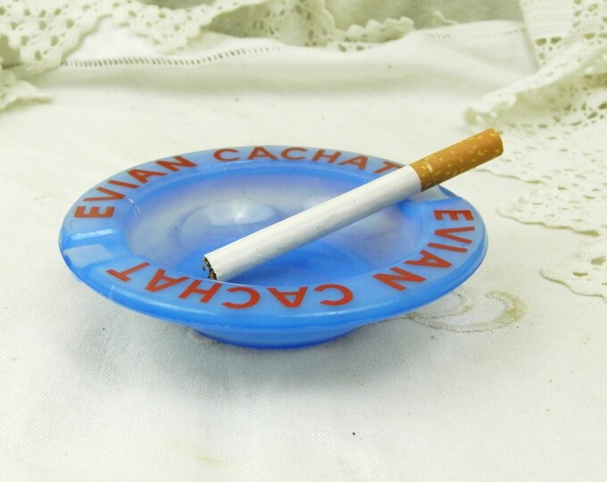 Vintage French Opaque Blue Glass Bistro Publicity Evian Drinking Water Ashtray, Mid Century, French Design, Retro Vintage Home Interior,