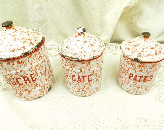 Antique 3 Piece French Red and White Marbled Enamel Canister Set, Enamelware Cannisters from France, Art Deco Kitchenware, Country Kitchen