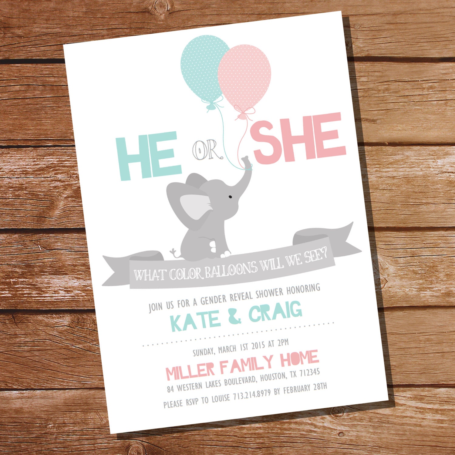 He or She Gender Reveal Party Invitation Elephant Gender