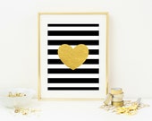 PREORDER Gold Heart Office Decor - Gold Faux Foil Art Print - Black and White Stripes - Gold Heart Silhouette - Heart Stripes - SKU: 265