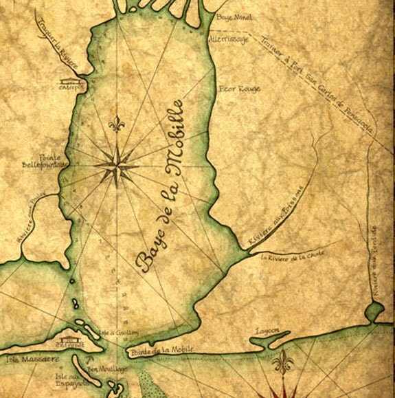 1702 Mobile Bay Map Art 14 x 19 Hand Drawn