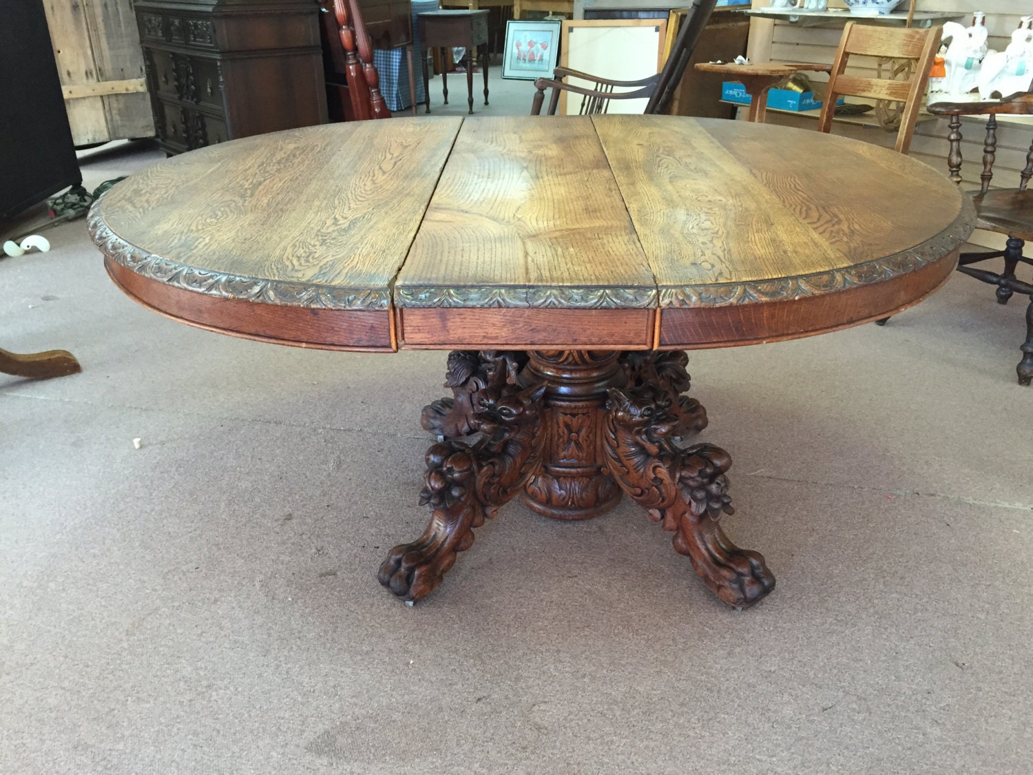 Antique Louis XIII Carved Oak Dining Table with Griffin Legs