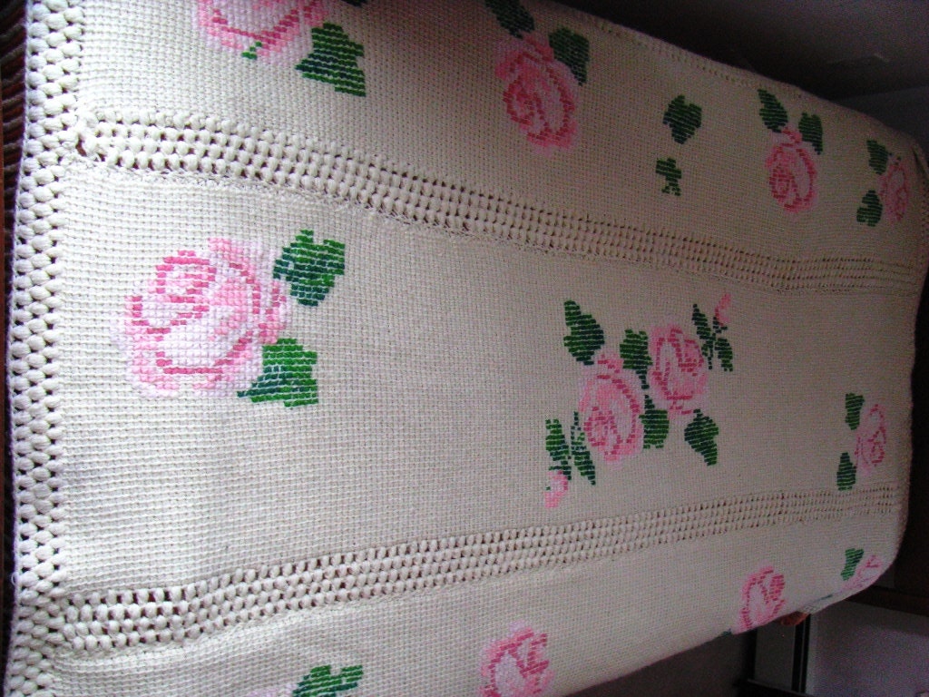Rose Afghan Crochet and Cross Stitch Twin Size 82 x