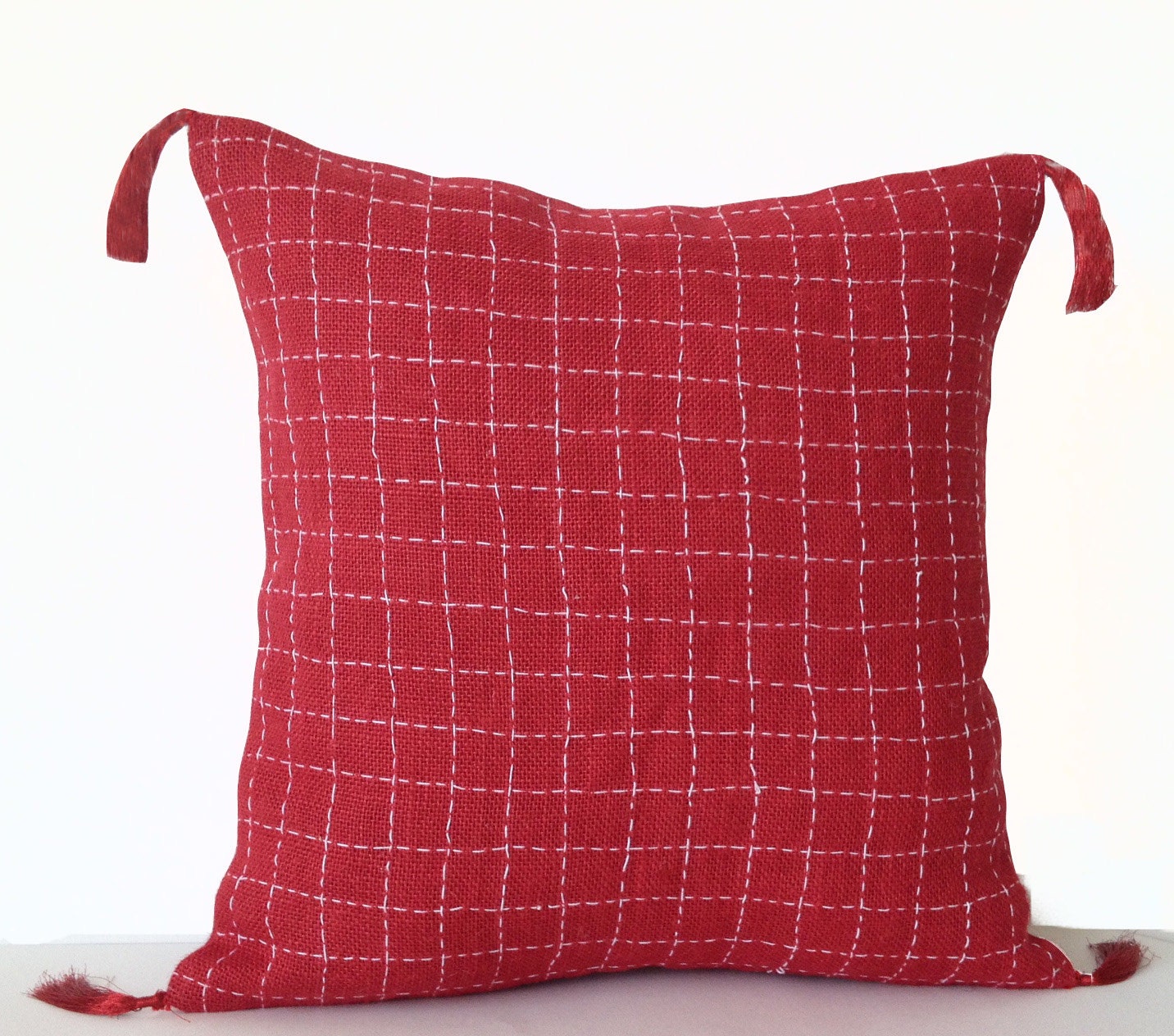 Red Burlap Embroidered Tassel Pillow Cover Red White Pillows