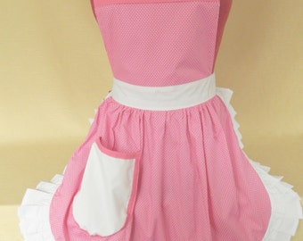 Retro Vintage 50s Style Full Apron / Pinny - Pink & White Polka Dot with White Trim