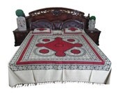 Indian Handloom Cotton Bedspreads Red White Printed Badding Bed Cover-3 pc set
