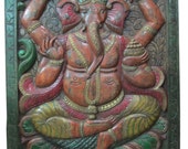 Indian Wood Doors Hand Carved Ganesha Wall Door Panel seated on Lotus