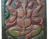 Indian Wood Doors Hand Carved Ganesha Wall Door Panel seated on Lotus