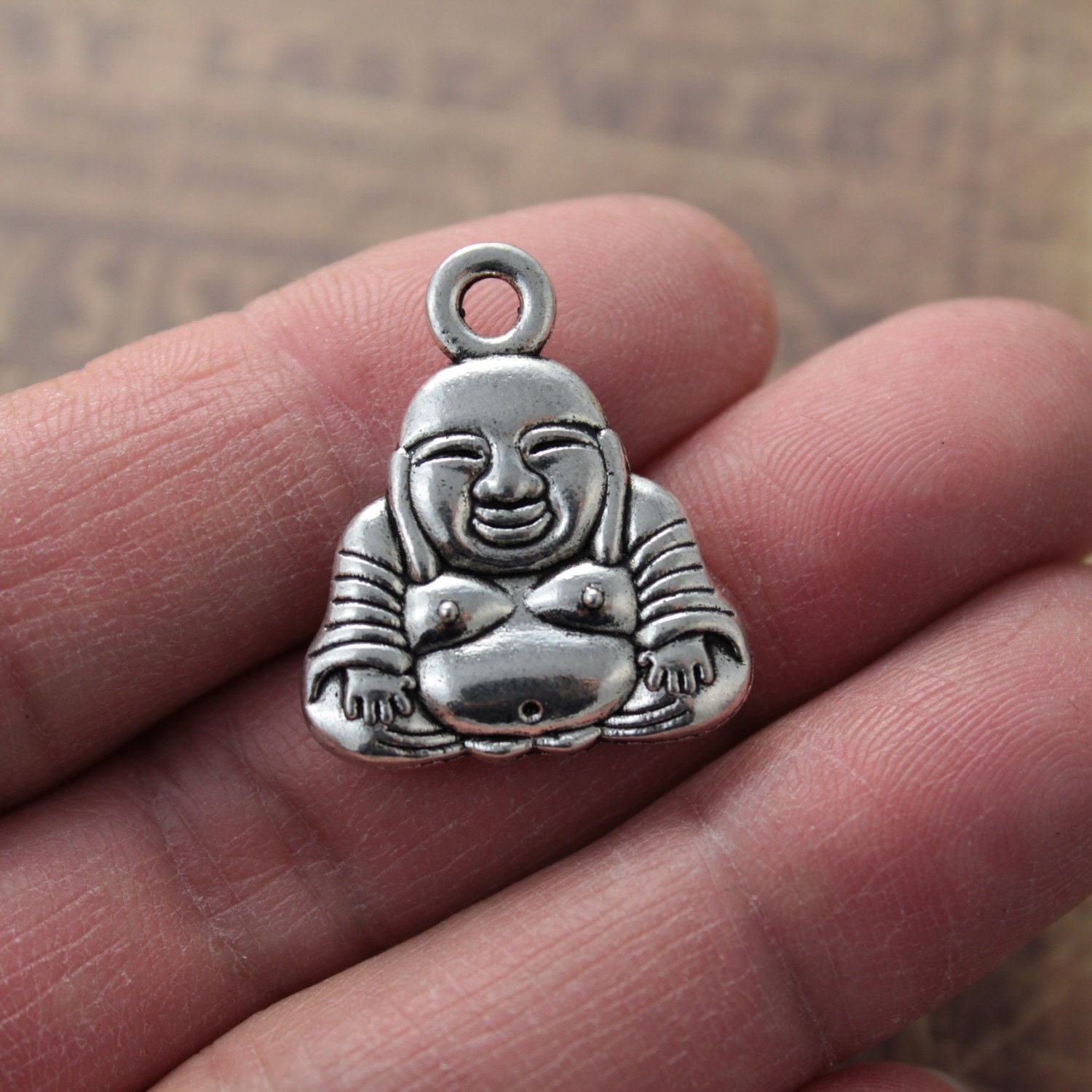 8 Happy Buddha Charms Buddha Pendants Antiqued Silver Tone Double Sided