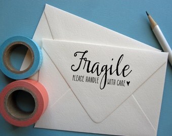 Fragile stamp, please handle with care with heart, wood mounted rubber stamp or self inking stamp