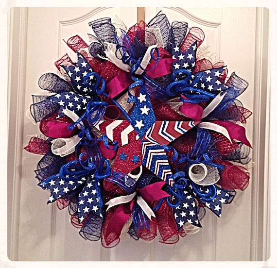 Patriotic Americana Star Deco Mesh Wreath/4th of July