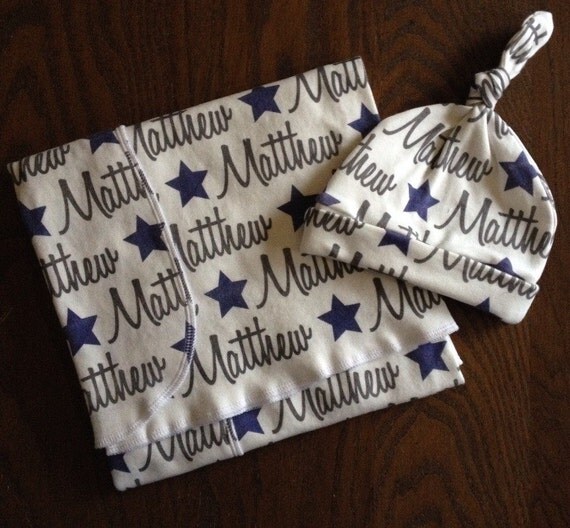 Personalized Swaddle and Top Knot Hat Set in by PiratesandPeonies