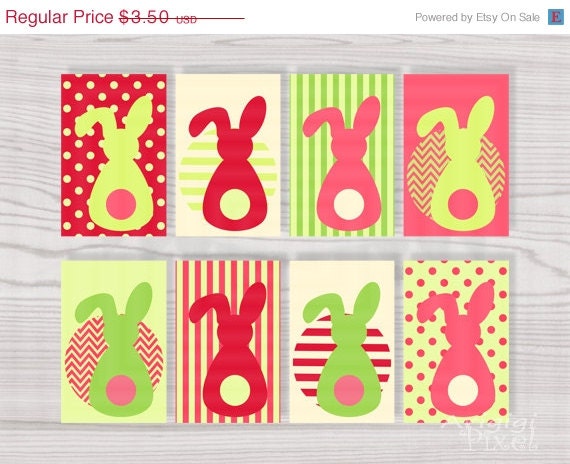 ON SALE 70 % OFF Printable Gift Tag Easter Bunny in Pink Red Green Spring Colors Instant Download Il_570xn
