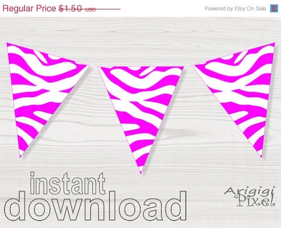 Valentine Sale 50% OFF Printable Hot Pink Zebra Pennant, Party Banner, DIY for Birthday, Girl Baby Shower, Bachelorette Girls Night, Insta Il_570xn