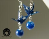 Origami Crane Earrings with Blue Agate, Origami Crane Jewelry - Blue