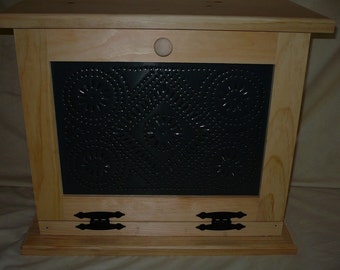Handcrafted Wooden Bread Box with Punched Tin Door