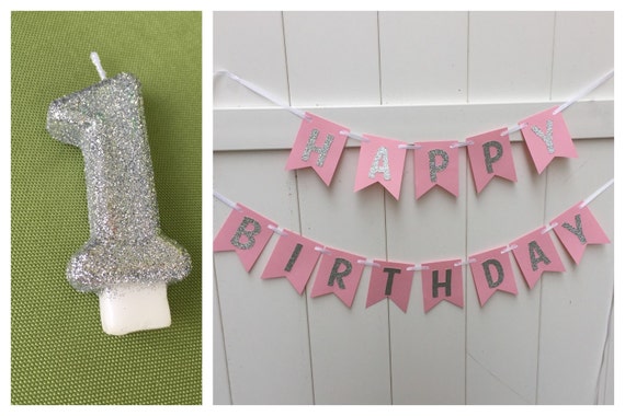 Light pink and Silver Glitter Happy Birthday Banner & silver