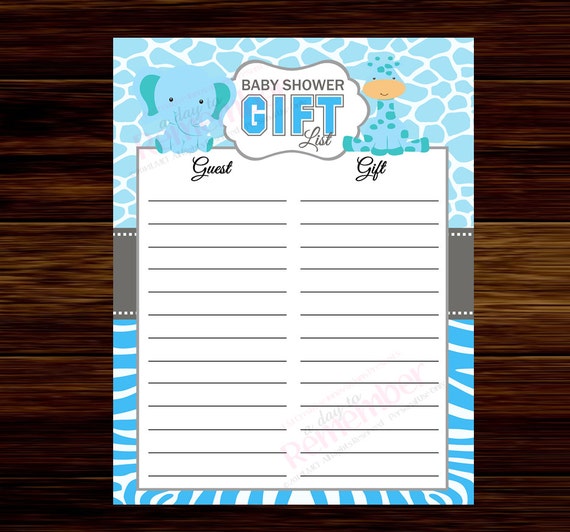 Blue Safari Baby Shower Gift List Instant Download Digital