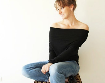 oversized black off the shoulder blouse/ dolman sleeve top/ black long sleeve blouse/ off the shoulder top long sleeve