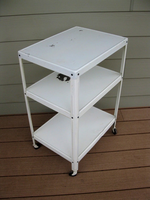 Vintage Metal Rolling Cart Shabby 3 Tier 3 shelf white