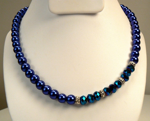 Navy Blue Pearl Bead Necklace Metallic Blue by StudioMJewelry